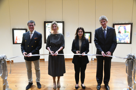 (From left) Ribbon-cutting ceremony by Chairman Emeritus of French May Arts Festival Dr Andrew S. Yuen, Consul General of France in Hong Kong and Macau Christile Drulhe, Art Committee Chairman of Hongkong Land Limited Sherry Wong, UMAG Director Dr Florian Knothe.